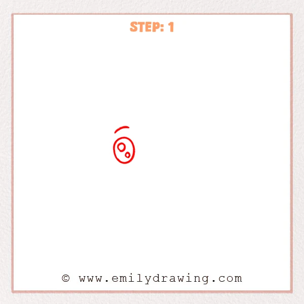how to draw a winky face - An early sketch of a winky face with a vertical oval face shape, two small inner circles for facial features, and a short curved eyebrow above.